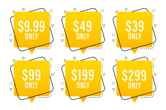 Different percent discount sticker discount price tag set. Sale badges, price sticker. Sale only at 9.99, 39, 49, 99, 199 and 299 Dollars and Cent best price. Concept discount. Vector illustration