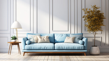 Fototapeta na wymiar White wooden wall with blue sofa in the living room