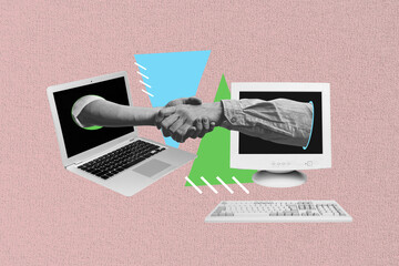 Photo collage picture remote business agreement handshaking offer accepted collaboration laptop pc monitor internet distant proposition