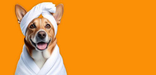 Banner with a portrait happy dog wrapped in a terry towel on a orange background with space for text or graphic design. Pet spa, dog grooming, pet grooming - obrazy, fototapety, plakaty