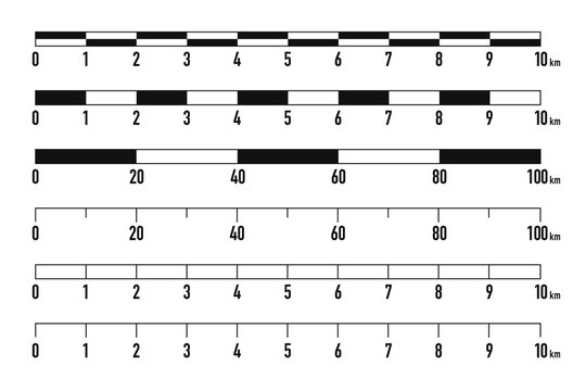 Map scales graphics for measuring distances . Set of metric rulers in flat style. Measuring scales. Mathematical ratio or fraction, unit of measurement on the ground. Vector illustration