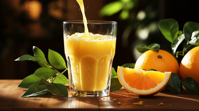 Orange juice on wooden with green background