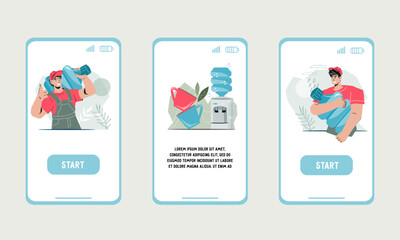 Onboarding page kit for Water delivery online order, vector illustration. Design for smartphone app for water delivery service. Mobile phone start banner templates set.