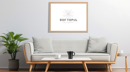 Mockup poster blank frame featured above a mid-century modern Scandinavian coffee table