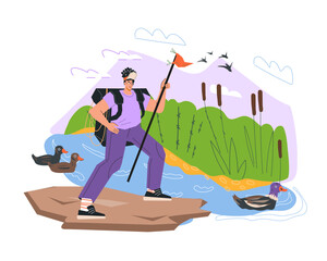 Hiker explores the beauty of nature through tourist travel and outdoor activities. Travel in nature and hiking concept of banner, flat vector illustration isolated.