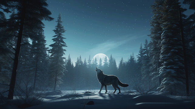 Wolf howling in the pine forest with moon