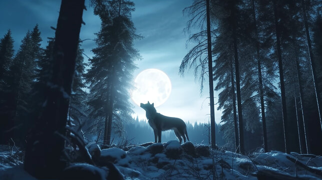 Wolf howling in the pine forest with moon