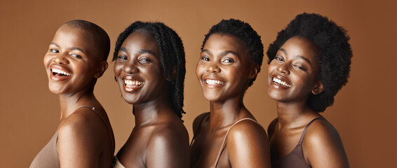 Face, beauty and funny with african women in studio on a brown background for natural wellness. Portrait, skincare and smile with a group of funny young friends laughing at antiaging treatment