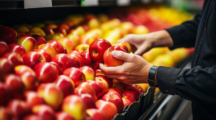 Employees arrange apple fruit on shelves in the store - obrazy, fototapety, plakaty