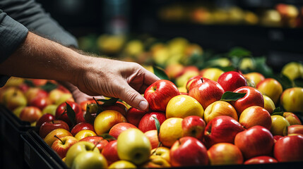 Employees arrange apple fruit on shelves in the store - Powered by Adobe