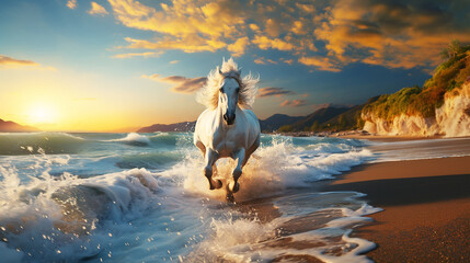 White horse running on the beach with sunlight - 718143994