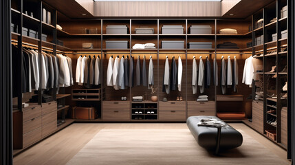 Modern luxury stylish dark brown wood walk in closet, minimal walk in wardrobe dressing room interior. - obrazy, fototapety, plakaty