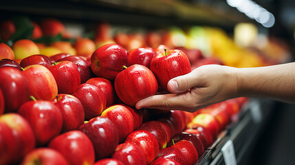 Employees arrange apple fruit on shelves in the store - obrazy, fototapety, plakaty