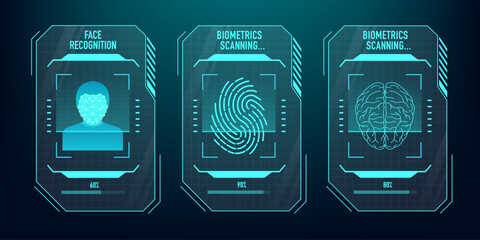 Personal identification flat vector. AI technology research. Neural network, machine learning concept. Id touching dashboard. Identity detection AI algorithms. Biometric Scanning. Vector illustration
