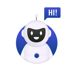 Cute smiling robot, chat bot say hi. Welcome to the chatbot. Online consultation. Voice support service bot. A robot assistant for website or mobile application customer support. Vector illustration