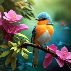 A colorful bird sits on a branch in the forest ai generated