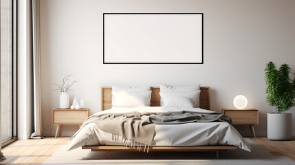 Mockup poster blank frame in a modern bedroom with a mix of metal and wood furniture