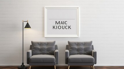 Mockup poster blank frame on a wall with floor-to-ceiling bookshelves in a cozy lounge