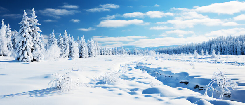 White snow with pine trees in snow-covered forest background