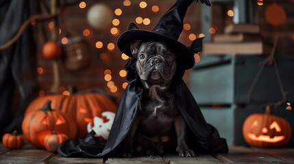 Fototapeta na wymiar Black dog dressed in a witch costume for halloween, dog and pumpkins lifestyle image, ai generated