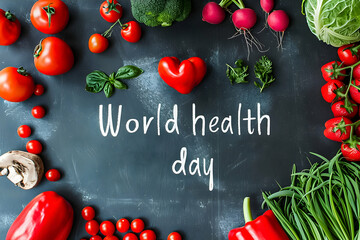 Chalkboard with "World Health Day" surrounded by fresh vegetables.