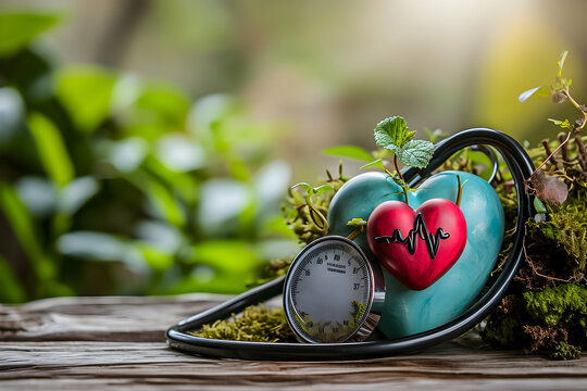 A conceptual health image with a heart and a stethoscope on a wooden backdrop.