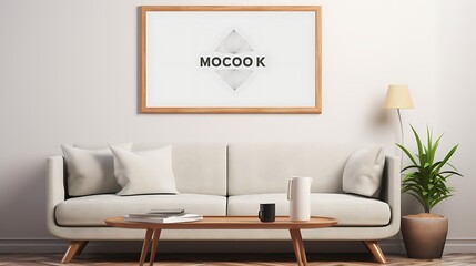 Mockup poster blank frame featured above a mid-century modern Scandinavian coffee table