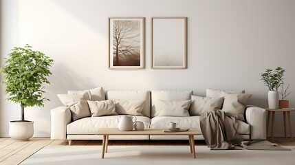 Mockup poster blank frame integrated into a gallery wall arrangement in a Nordic living room