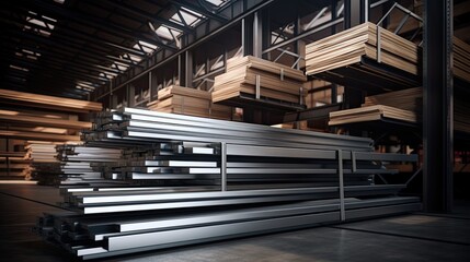 various metal profiles in a metal products warehouse, showcasing the diversity and organization of these industrial materials.