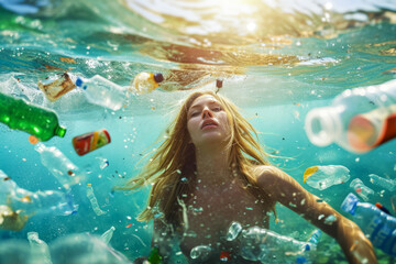 Garbage in the environment, illegal dumping into the sea, blonde woman underwater swimming in plastic waste in the sea, World Water Day concept banner. - obrazy, fototapety, plakaty