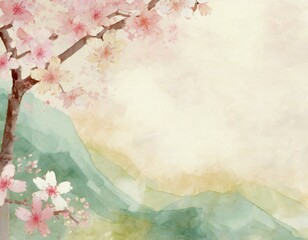 Old paper confectionery pastel background with blooming cherry tree flowers and copyspace. 