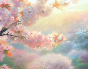 Fototapeta na wymiar Opalizing pastel background with blooming cherry tree flowers, bokeh light and copyspace. 