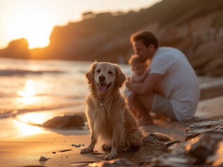 Family and Dog Enjoying Beach at Sunset