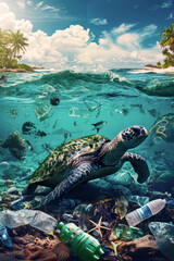 Obraz na płótnie Canvas Sea turtle swims in the water near an atoll with garbage and plastic waste in the water, concept vertical poster for World Water Day and ecosystem destruction