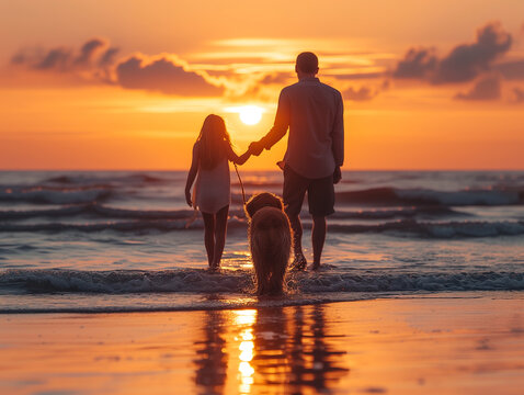 Family and Dog Walking on Beach at Sunset