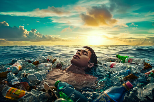 A man with his eyes closed lies on the water in the sea, surrounded by plastic bottles, waste from human activities polluting the ocean, raising awareness of the problem on World Water Day