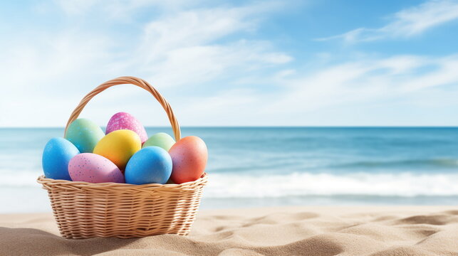 Painted easter eggs in wicker basket at the sand sea beach. Copy space