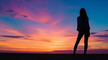 Silhouette shot of a model against a vibrant sunset, creating a visually striking and artistic composition, models, sunset silhouette, hd, artistic with copy space