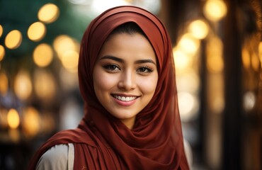 Smiling women in traditional hijab and looking at camera