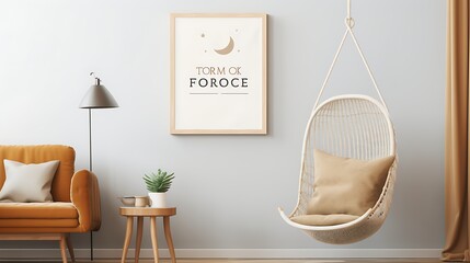 Mockup poster blank frame above a cozy reading corner with a hanging swing chair - obrazy, fototapety, plakaty