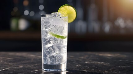 cocktail with lime and ice, a refreshing and classic gin and tonic cocktail, garnished with a wedge of lime and served over ice in a tall glass - obrazy, fototapety, plakaty