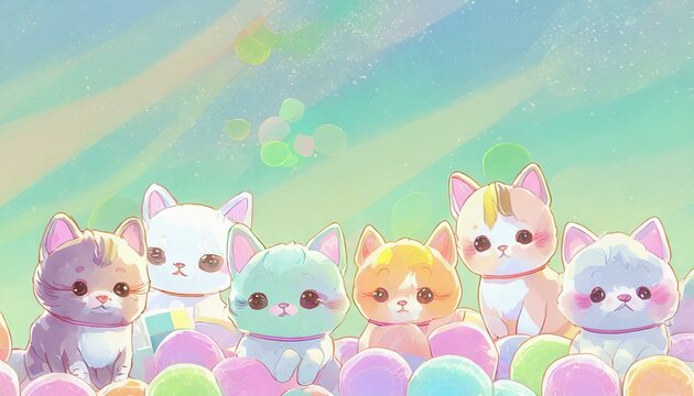 Pastel background with colorful happy cute cat toys in Japanese anime cartoon style.