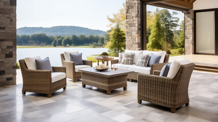 Modern wicker patio furniture set against a peaceful lake backdrop