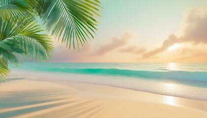 Fototapeta na wymiar Paradise beach landscape as background. Pastel vivid colours, copyspace, tropical palm tree leaves, glittering sea water. 