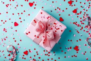 Close up pink gift on pastel blue background among heart-shaped confetti. Valentine's day, romance, love, wedding anniversary concept with copy space.