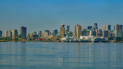 Fototapeta na wymiar Vancouver waterfront, BC, including cruise ship terminal, as viewed from Lonsdale Quay.