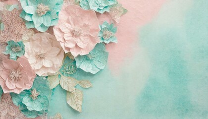 Old paper textured confectionery pink and turquoise pastel background with 3D floral ornament and copyspace. 
