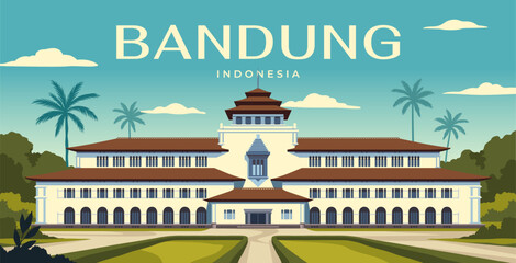 Travel to Bandung poster. Landscape with architectural landmarks of Indonesian Gedung Sate. Summer vacation, tourism or journey. Panorama with buildings of Asian town. Cartoon flat vector illustration