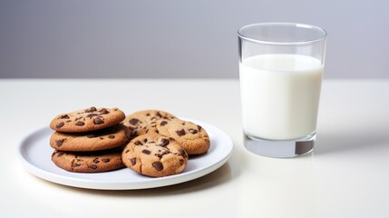 delicious cookies with chocolate arranged on a white plate, accompanied by a glass of fresh milk on a light table, suggesting an appealing idea for a children's breakfast or snack.