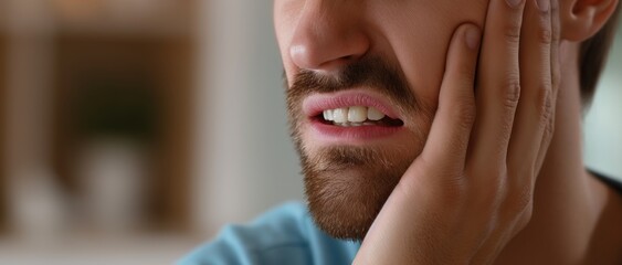 Man suffering from toothache presses his cheek shows pain and discomfort at home close up - obrazy, fototapety, plakaty